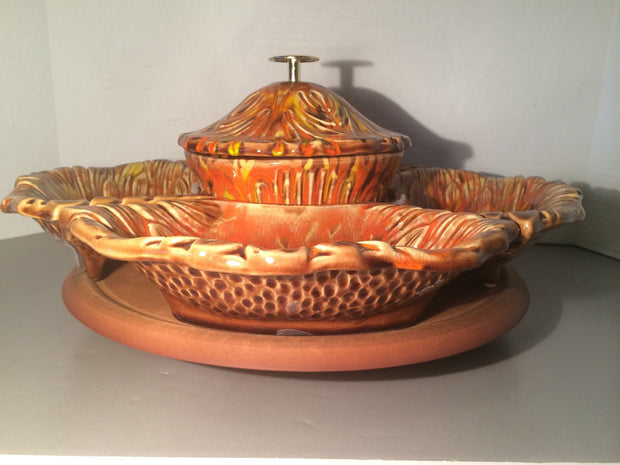1960s California Originals  chip & dip Lazy Susan Lava Fire Pottery Party Bowls