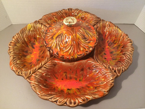 1960s California Originals  chip & dip Lazy Susan Lava Fire Pottery Party Bowls