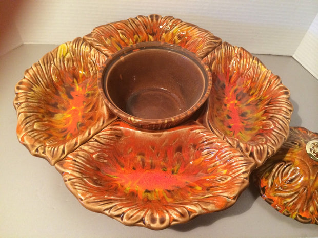 1960s California Originals  chip & dip Lazy Susan Lava Fire Pottery Party Bowls