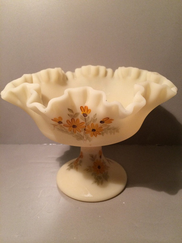 Fenton Art Glass Signed Hand Painted Pedestal Ruffled Custard Bowl