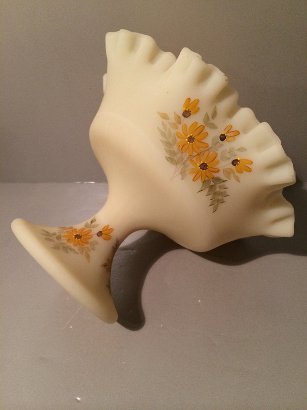 Fenton Art Glass Signed Hand Painted Pedestal Ruffled Custard Bowl