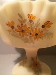 Fenton Art Glass Signed Hand Painted Pedestal Ruffled Custard Bowl