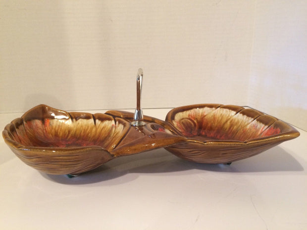 Retro Genuine 1960s California Originals by Maurise Dip/Nuts  Bowls Lava Fire Pottery In Leaf Design with Center Handle