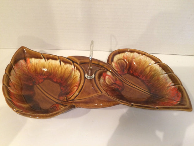 Retro Genuine 1960s California Originals by Maurise Dip/Nuts  Bowls Lava Fire Pottery In Leaf Design with Center Handle