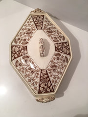 Antique Porcelain Covered Bowl large Brown & White Leaf vine Pattern 1920s Signed LUCKNOW T.C & F.B