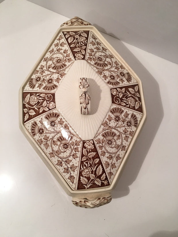Antique Porcelain Covered Bowl large Brown & White Leaf vine Pattern 1920s Signed LUCKNOW T.C & F.B