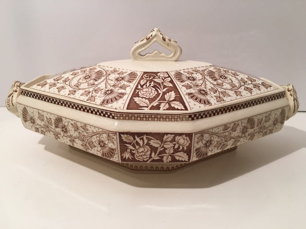 Antique Porcelain Covered Bowl large Brown & White Leaf vine Pattern 1920s Signed LUCKNOW T.C & F.B