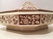 Antique Porcelain Covered Bowl large Brown & White Leaf vine Pattern 1920s Signed LUCKNOW T.C & F.B