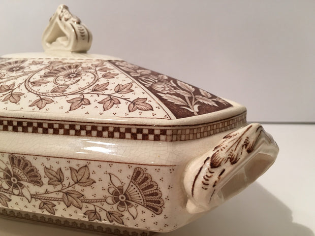 Antique Porcelain Covered Bowl large Brown & White Leaf vine Pattern 1920s Signed LUCKNOW T.C & F.B