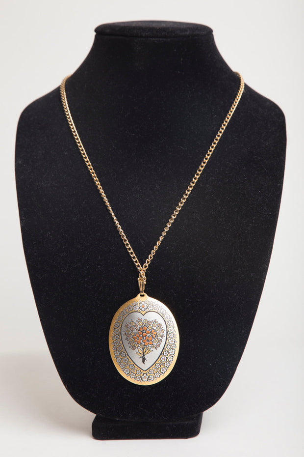 Demascene Vintage Pendant Reed & Barton Silver/Gold Tone Inlaid Tapestry Bouquet Heart Design