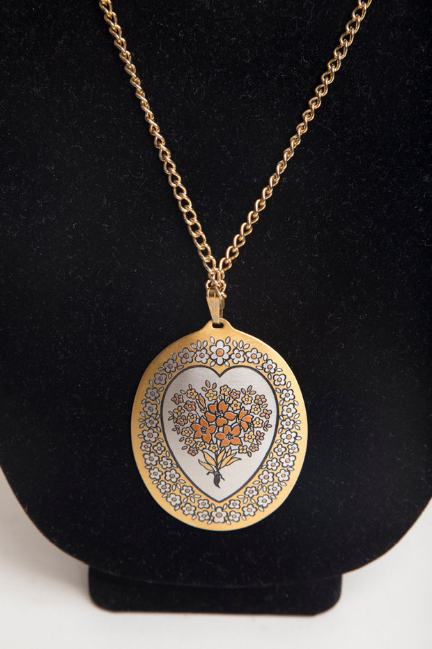 Demascene Vintage Pendant Reed & Barton Silver/Gold Tone Inlaid Tapestry Bouquet Heart Design