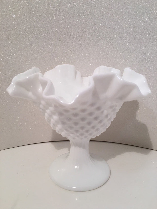 Fenton Vintage Hobnail Ruffled Tall Ribbed Pedestal Bowl Cottage Chic