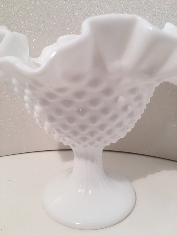 Fenton Vintage Hobnail Ruffled Tall Ribbed Pedestal Bowl Cottage Chic