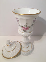 VINTAGE WESTMORELAND MILK Glass White Lidded Tall Compote HandPainted Flowers & Bows