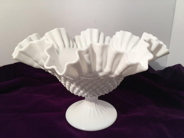 Fenton Vintage Hobnail Ruffled Ribbed Pedestal Large Wide Open Bowl Cottage Chic
