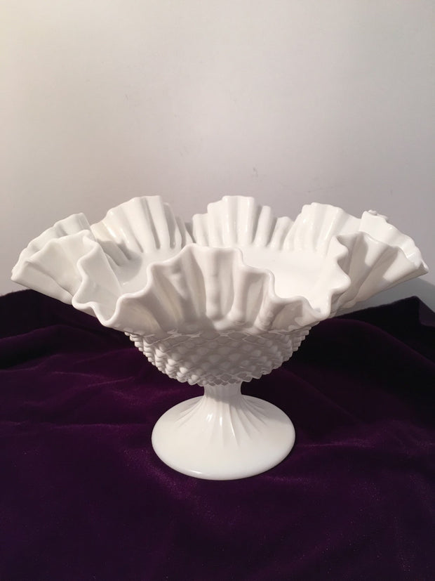 Fenton Vintage Hobnail Ruffled Ribbed Pedestal Large Wide Open Bowl Cottage Chic