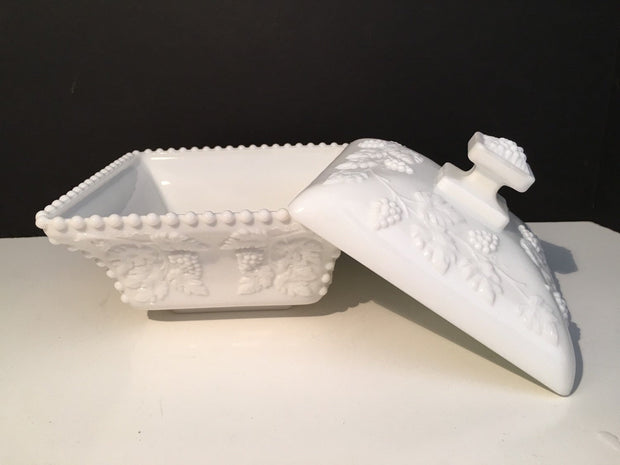 Westmoreland Large Beaded Covered Box Grapes Leaves Pattern Milk Glass  1950s