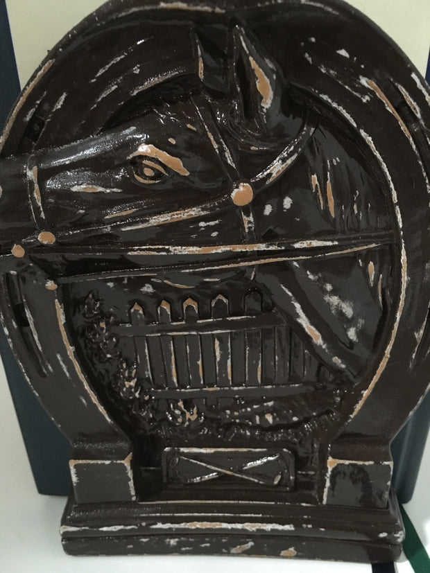 Syroco 1930s Vintage Bookends Hand painted Distressed Horse Fence Horseshoe