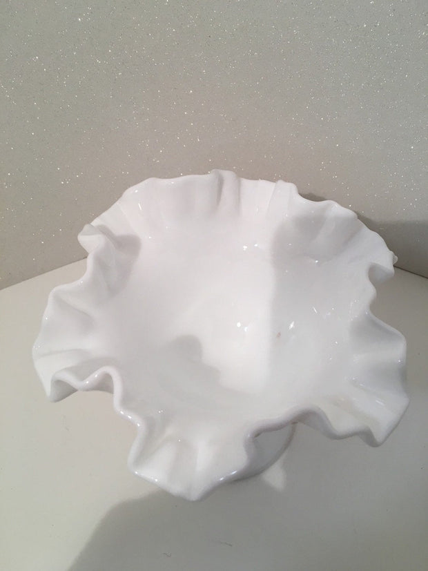 Fenton Vintage Hobnail Ruffled Tall Ribbed Pedestal Bowl Cottage Chic