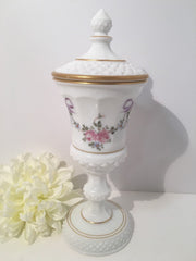 VINTAGE WESTMORELAND MILK Glass White Lidded Tall Compote HandPainted Flowers & Bows