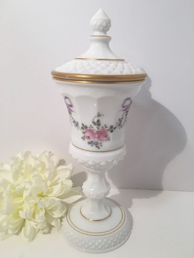 VINTAGE WESTMORELAND MILK Glass White Lidded Tall Compote HandPainted Flowers & Bows