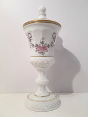 VINTAGE WESTMORELAND MILK Glass White Lidded Tall Compote HandPainted Flowers & Bows