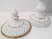 VINTAGE WESTMORELAND MILK Glass White Lidded Tall Compote HandPainted Flowers & Bows