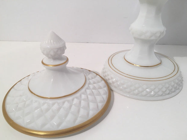 VINTAGE WESTMORELAND MILK Glass White Lidded Tall Compote HandPainted Flowers & Bows
