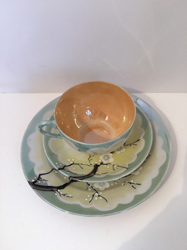 Lusterware Japan Dogwood 3pc tea Set Cup Saucer & Dessert Plate Vintage 1940s Collectable On Sale GET  20% Off When you Use Coupon Code