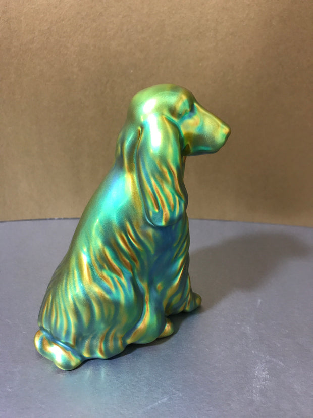 Zsolnay Eosin Porcelain Spaniel Dog Figurine Gold-Green Iridescent