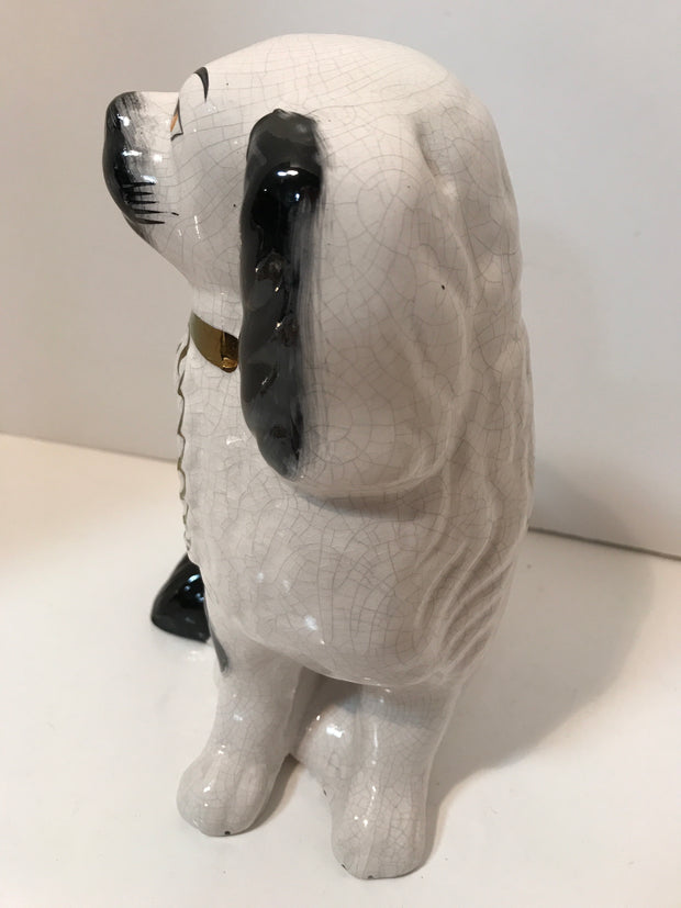 Signed Hand painted antique black/white spaniel Staffordshire dog figure