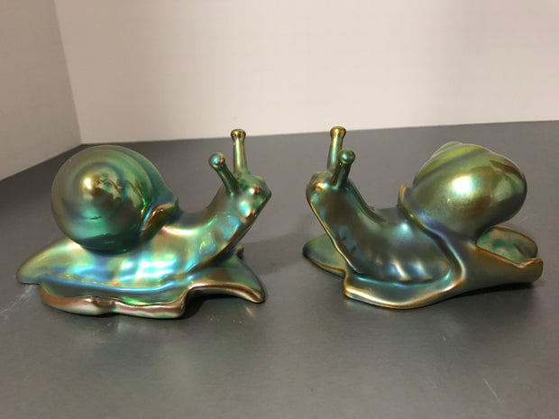 Vintage Zsolnay Eosin Green Hungarian Iridescent Porcelain Hand-painted Snail Set