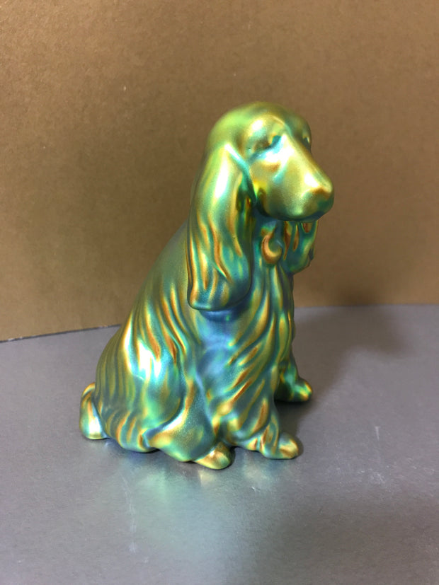 Zsolnay Eosin Porcelain Spaniel Dog Figurine Gold-Green Iridescent