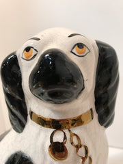 Signed Hand painted antique black/white spaniel Staffordshire dog figure