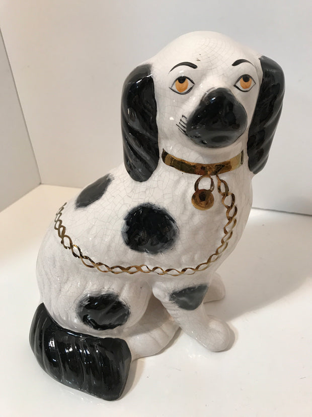 Signed Hand painted antique black/white spaniel Staffordshire dog figure