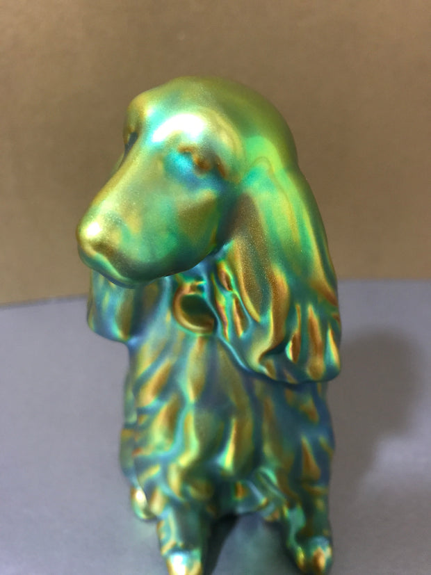 Zsolnay Eosin Porcelain Spaniel Dog Figurine Gold-Green Iridescent