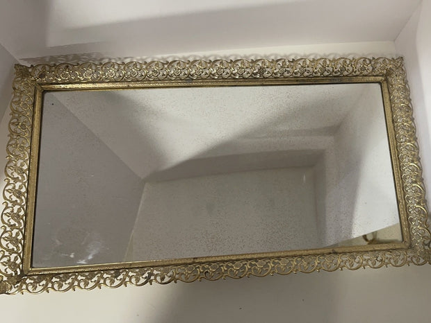 Vintage Gold Filigree Perfume Mirror Tray Rectangular Extra Large 23 5/8”x 13 1/8”